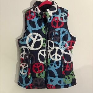 Old Navy Kids Puffer Vest XLarge Size 14 Peace Sign Print Blue Red Green